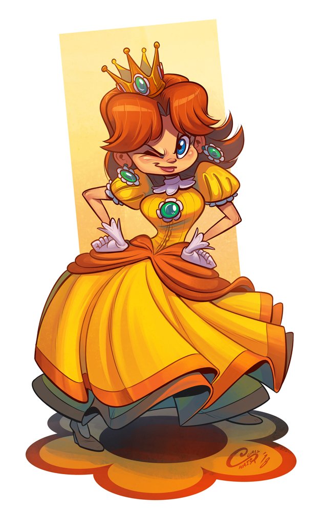 curlypencil, princess daisy, mario (series), nintendo, 1girl, brown hair, dress, earrings, flower earrings, gloves, hands on own hips, jewelry, long hair, looking at viewer, one eye closed, orange dress, puffy short sleeves, puffy sleeves, short sleeves, signature, white gloves