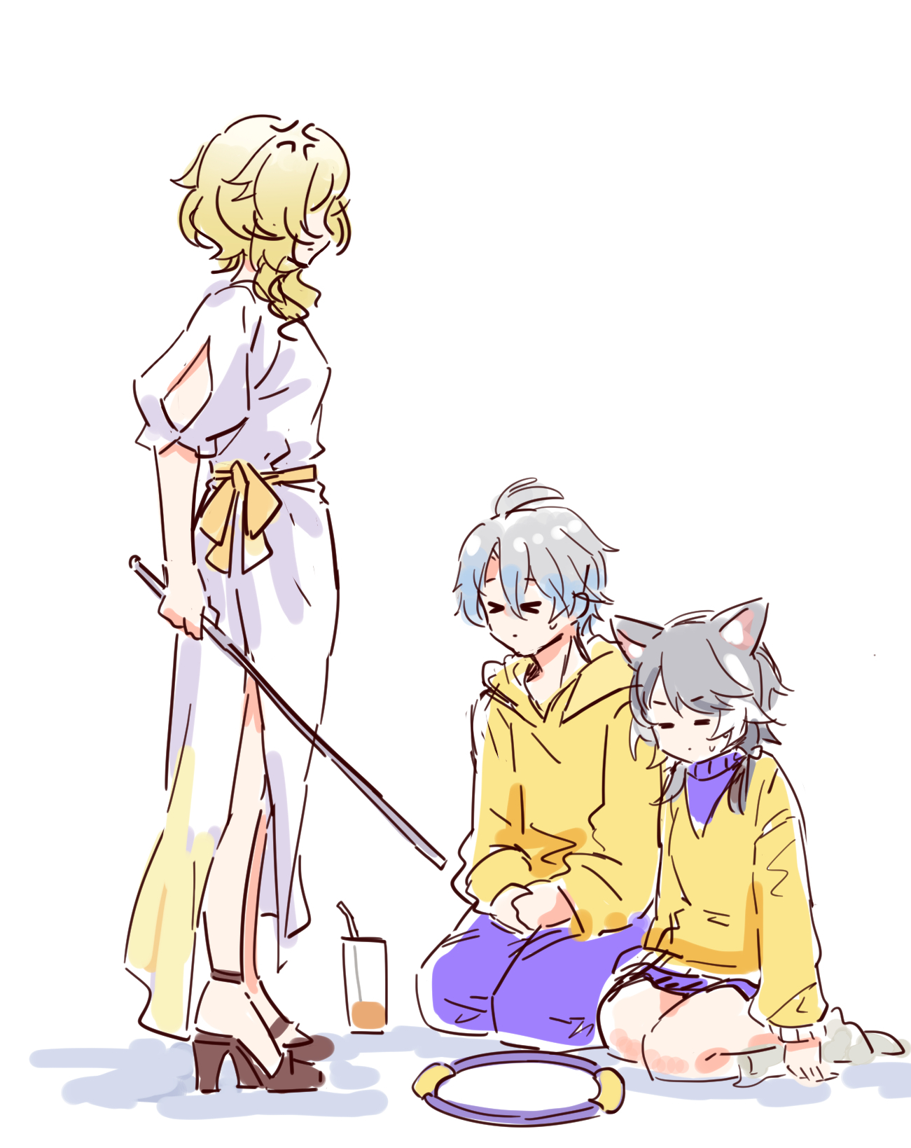 mzxiaxi, aglaea (honkai: star rail), cipher (honkai: star rail), phainon (honkai: star rail), honkai: star rail, honkai (series), commentary, highres, symbol-only commentary, > <, 1boy, 2girls, = =, aglaea (hello world!) (honkai: star rail), anger vein, cipher (hello world!) (honkai: star rail), controller, dress, game controller, high heels, holding, holding weapon, hood, hoodie, juice, multiple girls, official alternate costume, phainon (hello world!) (honkai: star rail), seiza, sitting, weapon, white dress