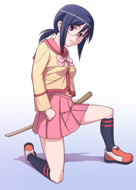 e20, hida sayuri, gokujou seitokai, 00s, 1girl, blue hair, bokken, bow, female focus, glasses, katana, kneehighs, kneeling, midriff, on one knee, pink bow, ponytail, purple eyes, purple hair, school uniform, serafuku, shoes, skirt, sneakers, socks, solo, sword, weapon, wooden sword