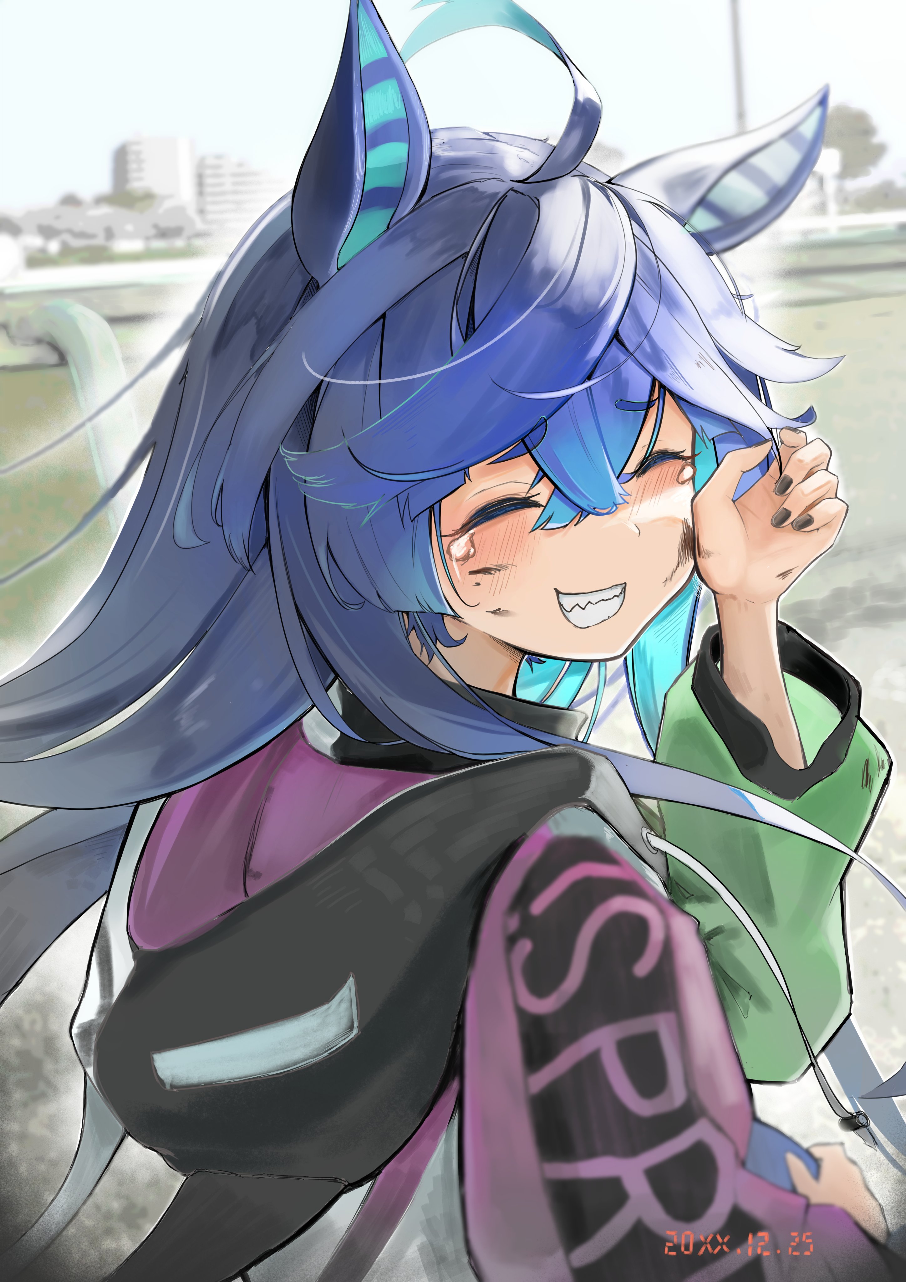 ricca miz, twin turbo (blast mode! turbo engine) (umamusume), twin turbo (umamusume), umamusume, absurdres, highres, 1girl, ahoge, animal ears, blue hair, dated, ear covers, horse ears, horse girl, horse racing track, long hair, long sleeves, looking back, multicolored hair, outdoors, photo inset, sharp teeth, smile, solo, tears, teeth, upper body