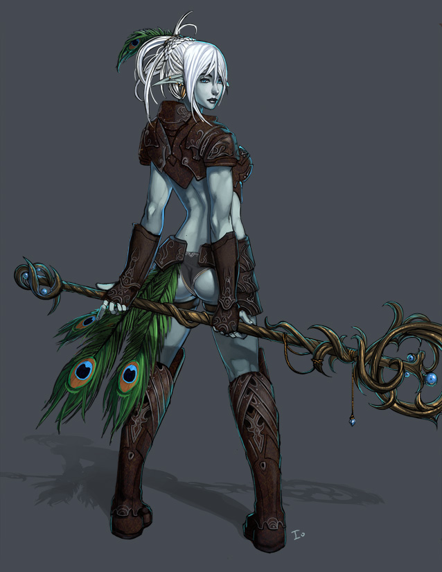 ionen, dark elf (lineage 2), lineage, lineage 2, 1girl, ass, dark elf, elf, feathers, female focus, leather, panties, pointy ears, solo, staff, standing, underwear