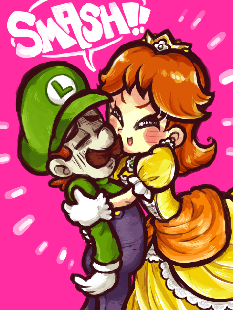 cindysuke, luigi, princess daisy, mario (series), nintendo, super smash bros., 1boy, 1girl, blue overalls, brown hair, closed eyes, crown, dress, facial hair, gloves, green hat, green shirt, hat, hug, long hair, mustache, orange dress, overalls, pink background, shirt, white gloves