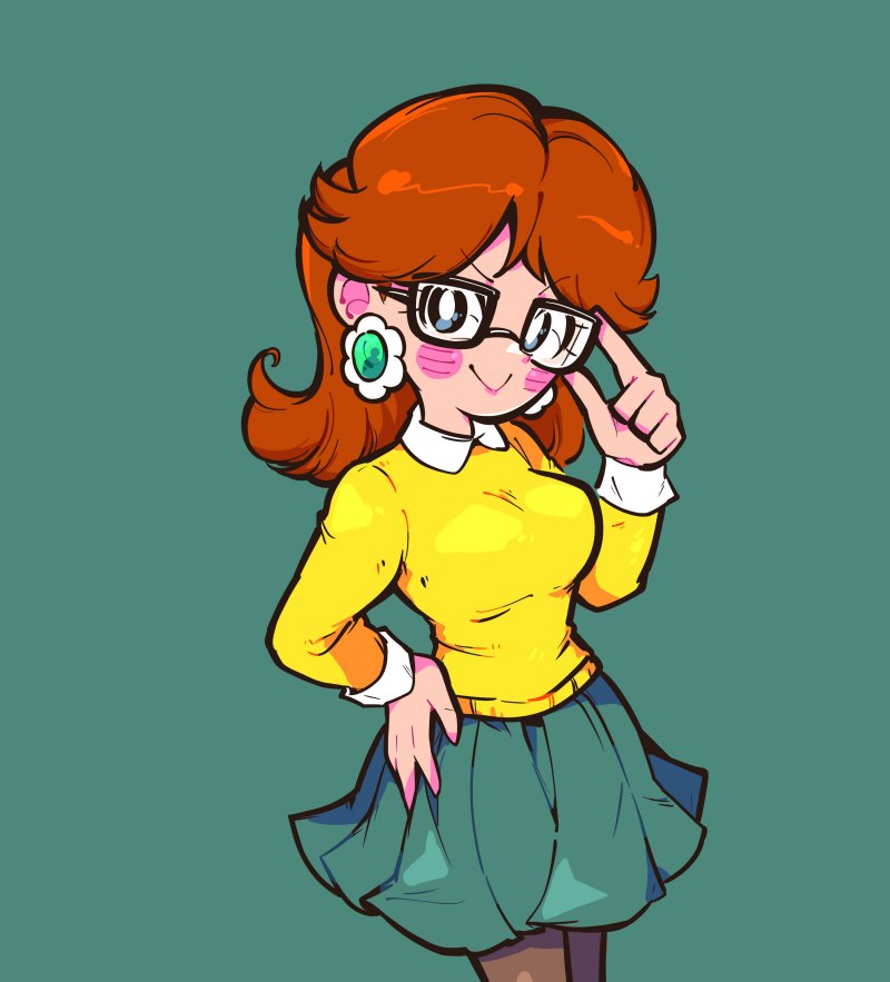 cindysuke, princess daisy, mario (series), nintendo, hashtag-only commentary, 1girl, adjusting eyewear, black pantyhose, brown hair, earrings, flower earrings, glasses, green background, green skirt, hand on eyewear, jewelry, long hair, looking at viewer, pantyhose, simple background, skirt, smile