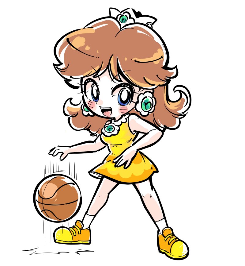 cindysuke, princess daisy, mario (series), nintendo, 1girl, ball, basketball (object), blue eyes, brown hair, crown, dress, earrings, flower earrings, jewelry, long hair, open mouth, orange dress, orange shoes, princess daisy (hoops 3-on-3), shoes, simple background, smile, socks, white background, white socks