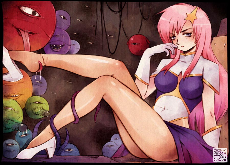 messiah cage, haro, meer campbell, gundam, gundam seed, gundam seed destiny, 00s, 1girl, bored, feet, foot worship, hair ornament, high heels, highleg, leg up, leotard, licking, licking foot, long hair, pantyhose, penis, pink hair, plantar flexion, saliva, shoe dangle, shoes, solo, solo focus, star (symbol), star hair ornament, tentacles, tongue