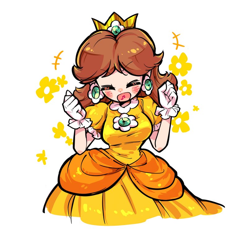 cindysuke, princess daisy, mario (series), nintendo, commentary, symbol-only commentary, 1girl, brown hair, crown, dress, earrings, floral background, flower earrings, gloves, jewelry, long hair, open mouth, orange dress, puffy short sleeves, puffy sleeves, short sleeves, smile, white background, white gloves