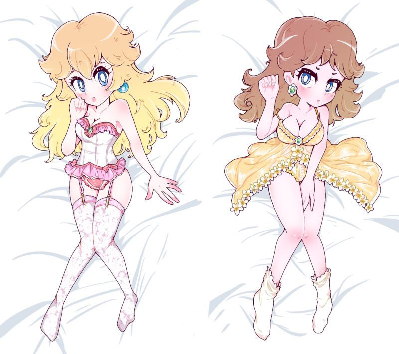 cindysuke, princess daisy, princess peach, mario (series), nintendo, 2girls, babydoll, blonde hair, blue eyes, blush, breasts, brown hair, cleavage, corset, dakimakura (medium), earrings, flower earrings, garter straps, jewelry, lingerie, long hair, looking at viewer, multiple girls, socks, thighhighs, underwear