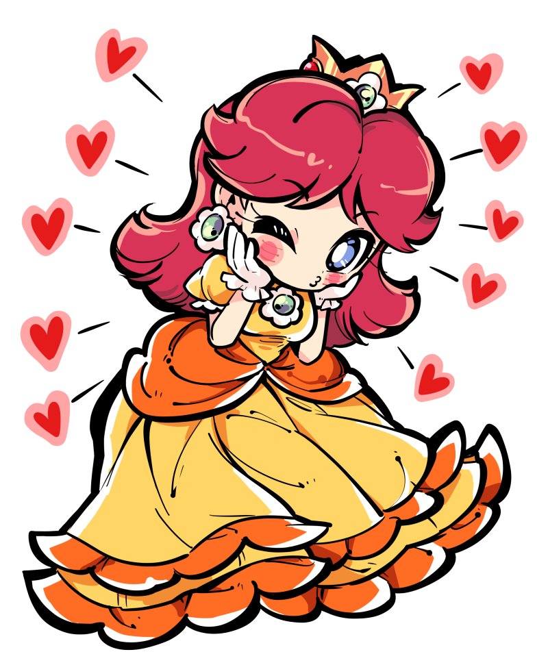 cindysuke, princess daisy, mario (series), nintendo, 1girl, blue eyes, brown hair, crown, dress, earrings, flower earrings, gloves, heart, jewelry, long hair, one eye closed, orange dress, puffy short sleeves, puffy sleeves, short sleeves, white background, white gloves