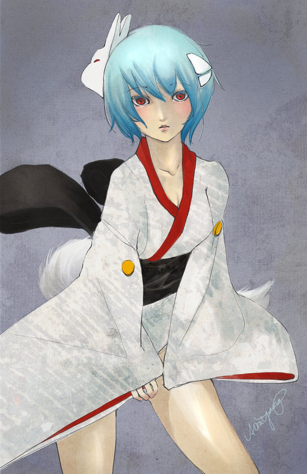 ayanami rei, neon genesis evangelion, rebuild of evangelion, non-web source, 00s, 1girl, blue hair, bow, female focus, hair ornament, hairclip, japanese clothes, mask, pale skin, red eyes, solo, thighs