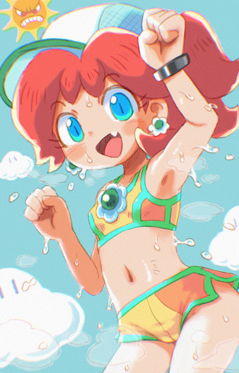 ikaheigen, angry sun, princess daisy, princess daisy (swimwear) (mario kart world), mario (series), mario kart, mario kart world, nintendo, commentary, highres, symbol-only commentary, 1girl, blue sky, breasts, brown hair, cloud, crop top, earrings, fang, flower earrings, hat, jewelry, long hair, looking at viewer, navel, open mouth, orange shorts, ponytail, shorts, sky, small breasts, smile, water, wet