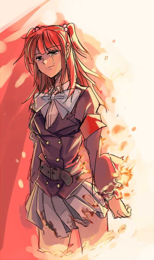 johnsonr, ushiromiya ange, umineko no naku koro ni, spoilers, 00s, 1girl, belt, blood, blue eyes, blunt bangs, bow, female focus, frills, hair bobbles, hair bow, hair ornament, hime cut, jacket, red hair, ribbon, skirt, smile, solo, tears, torn clothes, twintails, two side up