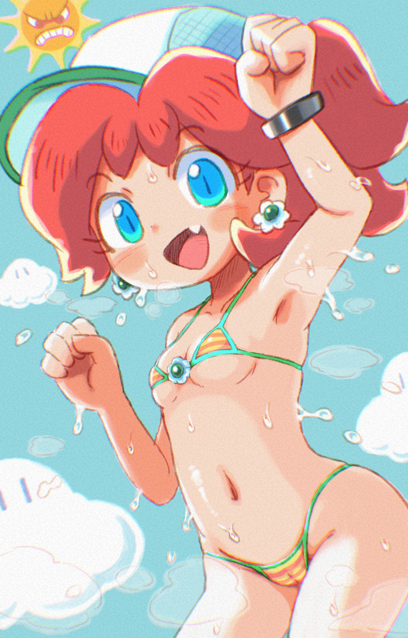 ikaheigen, angry sun, princess daisy, princess daisy (swimwear) (mario kart world), mario (series), mario kart, mario kart world, nintendo, highres, 1girl, bikini, blue eyes, blue sky, breasts, brown hair, cameltoe, cloud, earrings, fang, flower earrings, hat, jewelry, long hair, micro bikini, navel, open mouth, ponytail, sky, small breasts, smile, swimsuit, underboob, water, wet