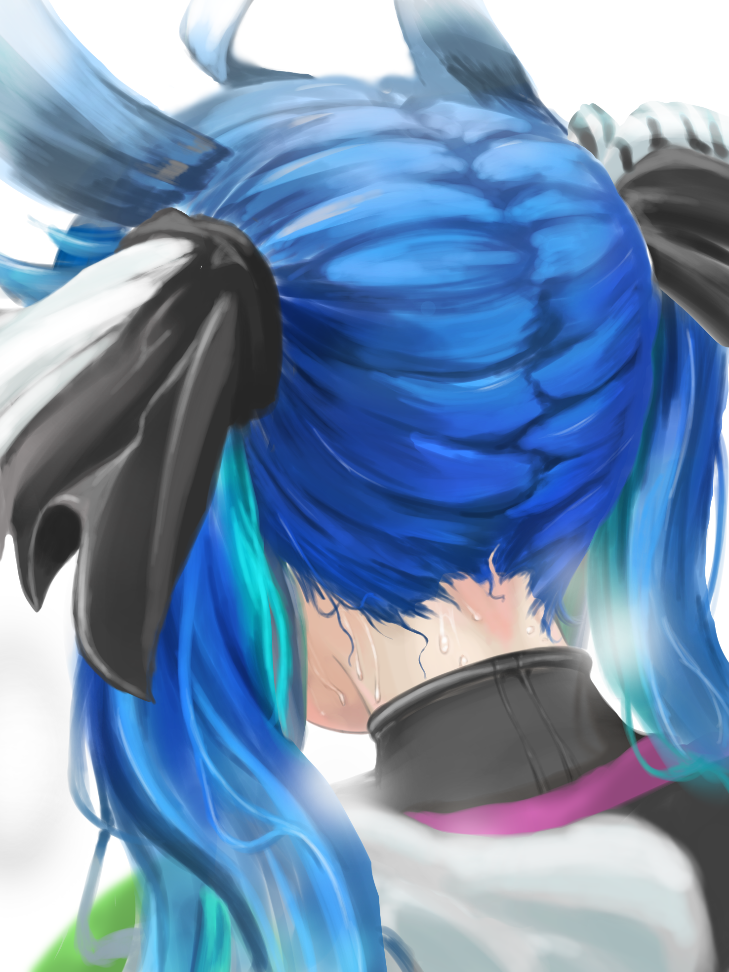 ricca miz, twin turbo (blast mode! turbo engine) (umamusume), twin turbo (umamusume), umamusume, highres, 1girl, ahoge, animal ears, black ribbon, blue hair, facing away, from behind, hairband, horse ears, horse girl, multicolored hair, multicolored ribbon, ribbon, simple background, sweat, twintails, very sweaty, white background, white ribbon