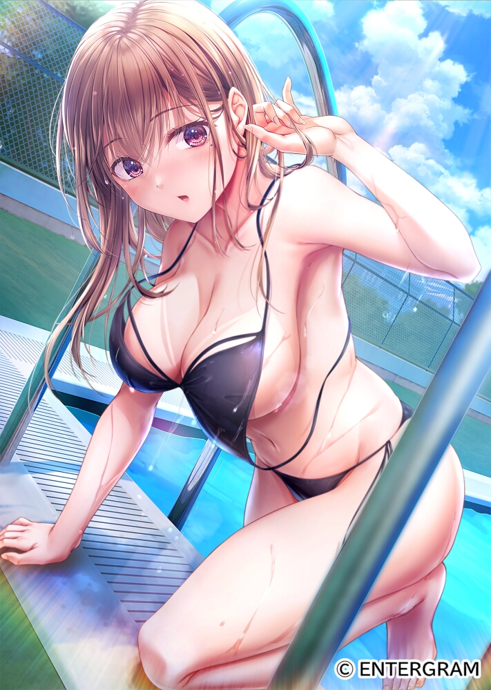 mafupen, seifuku kanojo, commentary request, official art, 1girl, barefoot, bikini, black bikini, blue sky, breasts, brown eyes, brown hair, copyright notice, day, hand in own hair, koga nozomi, large breasts, looking at viewer, navel, outdoors, parted lips, poolside, side-tie bikini bottom, sky, solo, swimsuit, wet