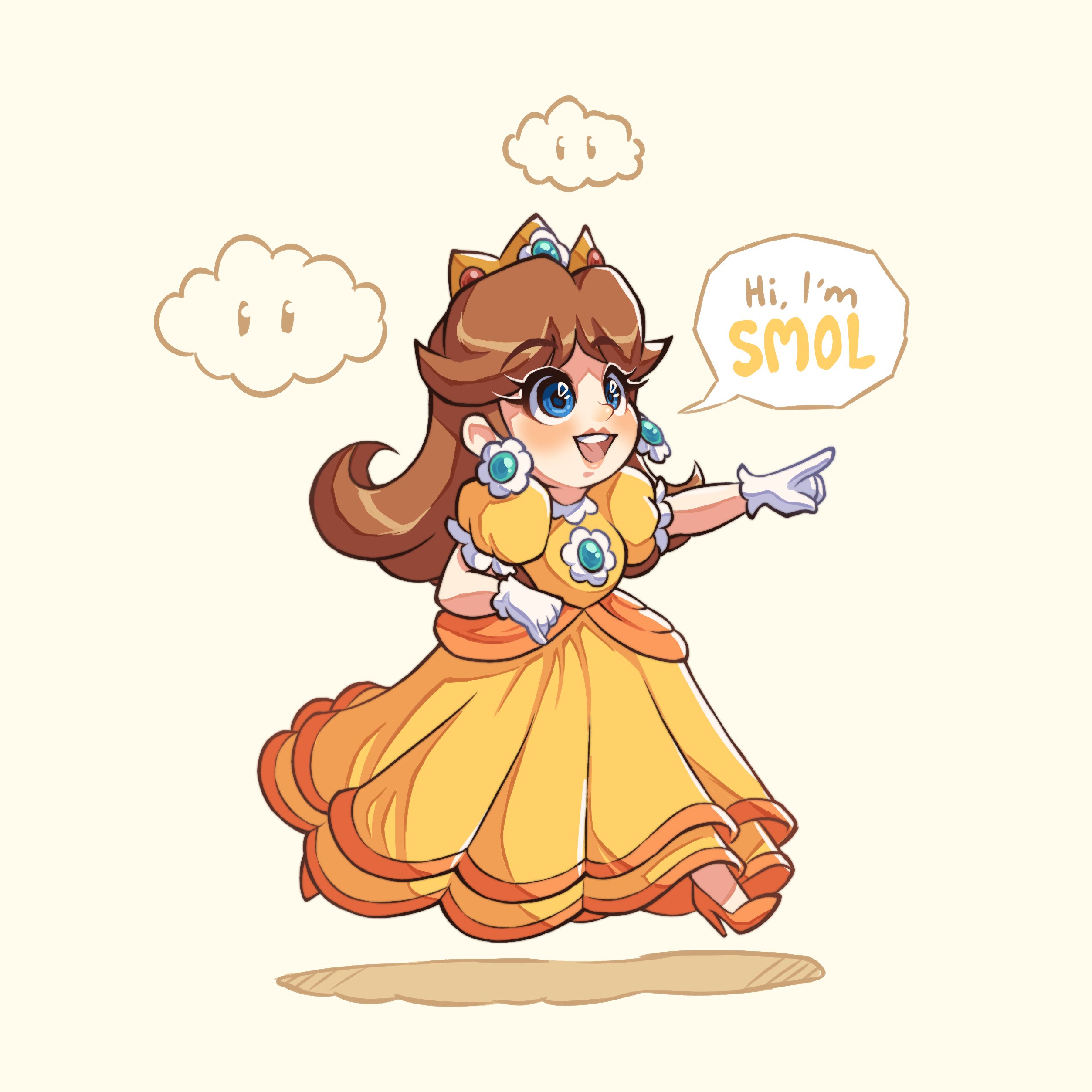 lysum, princess daisy, mario (series), nintendo, super mario bros. wonder, absurdres, highres, 1girl, blue eyes, brown hair, crown, dress, earrings, flower earrings, gloves, high heels, jewelry, long hair, open mouth, orange dress, orange shoes, shoes, simple background, smile, white gloves