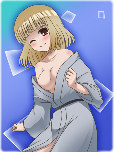 awa, fukuji mihoko, saki (manga), 00s, 1girl, blue kimono, blush, breasts, female focus, japanese clothes, kimono, medium breasts, nipple slip, nipples, one eye closed, solo, wardrobe malfunction, wink, yukata