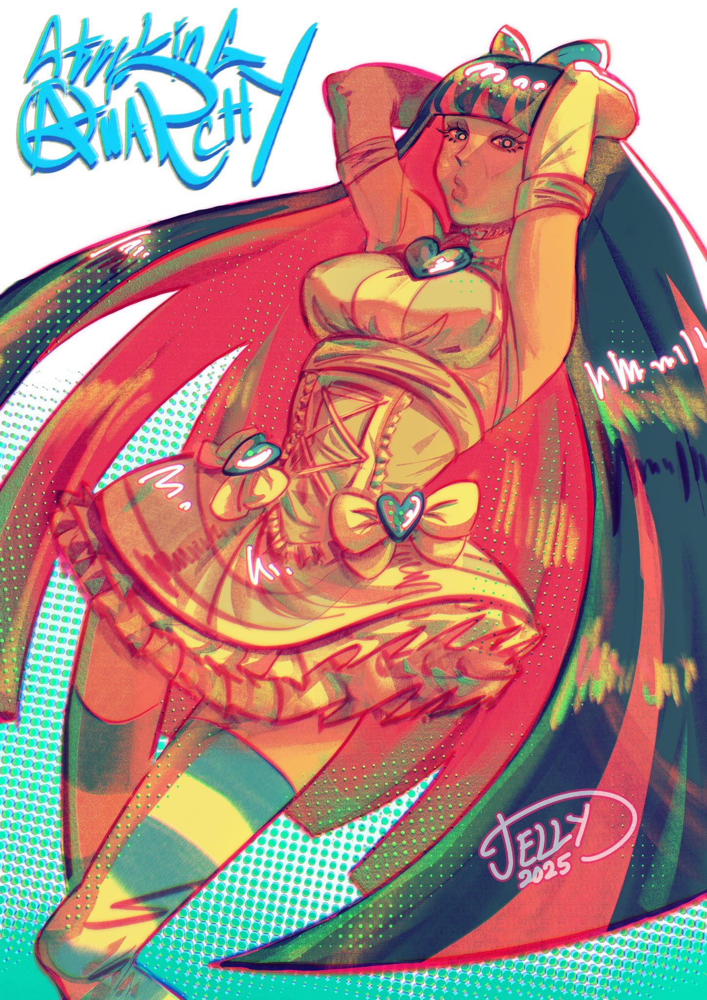 stocking (psg), panty & stocking with garterbelt, hashtag-only commentary, highres, 2025, aqua thighhighs, arms up, blunt bangs, coatingjelly, elbow gloves, gloves, hime cut, long hair, looking at viewer, multicolored hair, pink hair, purple hair, sleeveless, thighhighs, two-tone hair, two-tone thighhighs, very long hair, white thighhighs