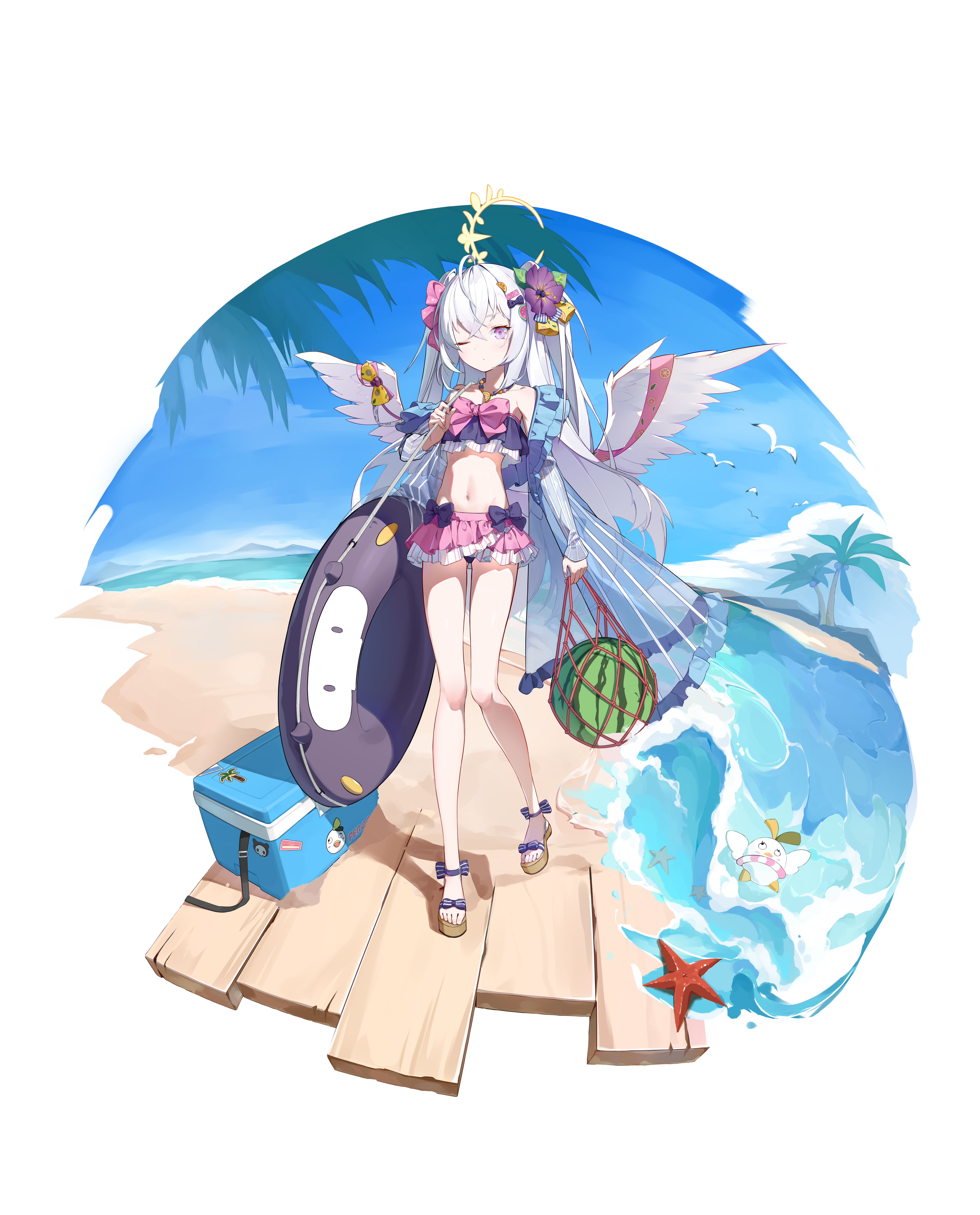 nammmmer, azusa (blue archive), azusa (swimsuit) (blue archive), peroro (blue archive), blue archive, absurdres, commentary, highres, 1girl, ahoge, arm at side, bag, bare legs, beach, bead necklace, beads, bikini, bikini skirt, bird, black bikini, black bow, blue sky, bow, bow on wing, crescent halo, crossed bangs, day, feathered wings, flower, food, food-themed hair ornament, food print, frilled bikini, frills, fruit, fruit print, full body, hair between eyes, hair flower, hair ornament, halo, hand up, holding, holding bag, holding swim ring, innertube, jewelry, long hair, looking at viewer, low wings, multicolored bikini, navel, necklace, ocean, official alternate costume, official alternate hairstyle, one eye closed, orange hair ornament, orange print, outdoors, pink bikini, pink bow, purple eyes, purple flower, sandals, seagull, sidelocks, simple background, sky, solo, standing, starfish, stomach, strapless, strapless bikini, swim ring, swimsuit, toes, transparent background, two-tone bikini, two side up, very long hair, watermelon, watermelon hair ornament, waves, white hair, white wings, wings, yellow bow, yellow halo