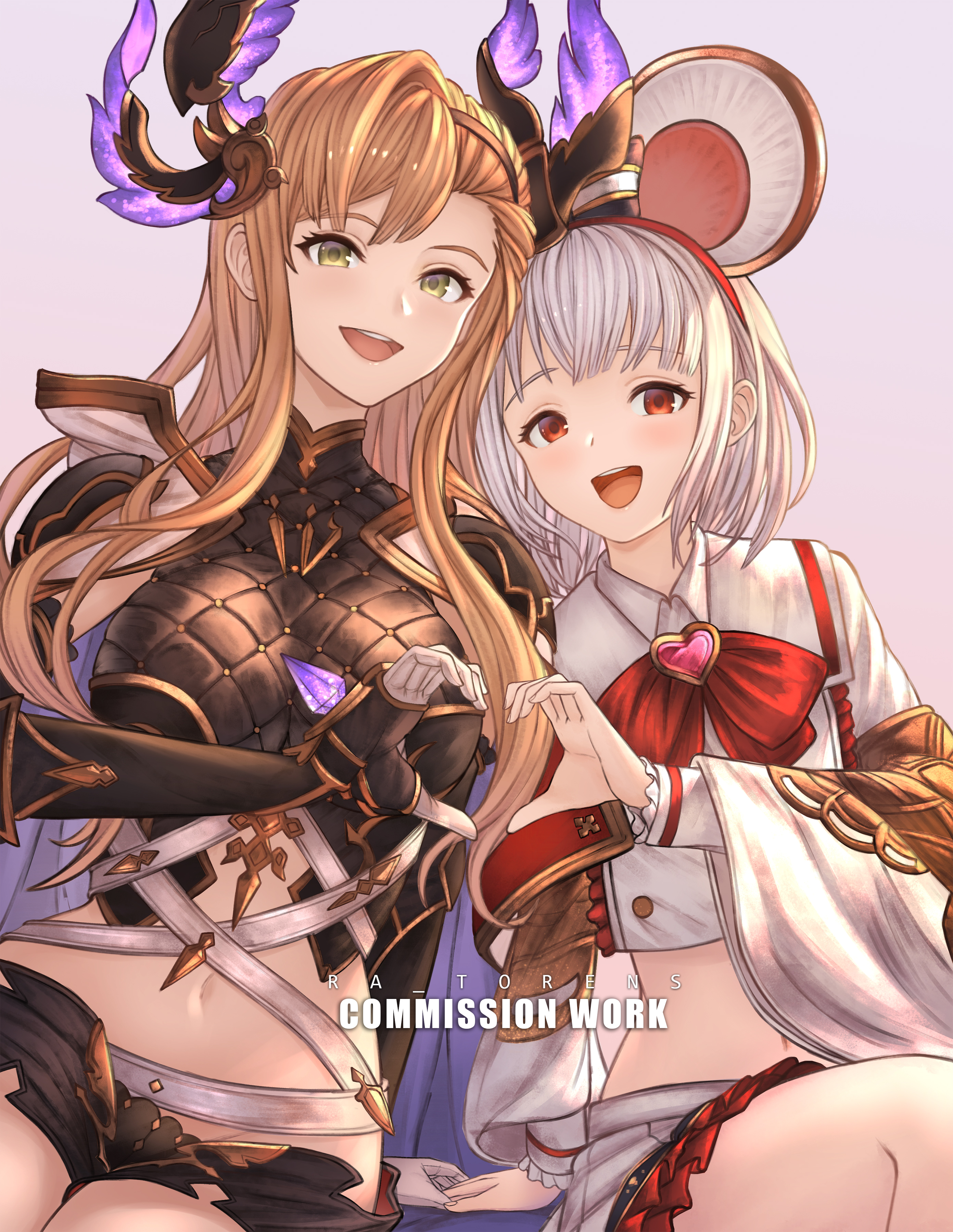 ra torens, tweyen (granblue fantasy), vikala (granblue fantasy), granblue fantasy, absurdres, commission, highres, 2girls, :d, animal ear hairband, animal ears, arm support, armor, black shorts, blonde hair, bow, bow hairband, bowtie, breasts, brooch, buttons, double-breasted, fake animal ears, furisode sleeves, gauntlets, gradient background, green eyes, grey hair, hairband, head wings, heart, heart brooch, heart hands, heart hands duo, jewelry, large breasts, layered sleeves, long hair, long sleeves, looking at viewer, medium hair, midriff, miniskirt, mouse ears, multiple girls, navel, open mouth, pauldrons, pleated skirt, red bow, red bowtie, red eyes, shirt, short shorts, shorts, shoulder armor, side part, simple background, sitting, skirt, smile, teeth, upper teeth only, white shirt, white skirt, wide sleeves, wings