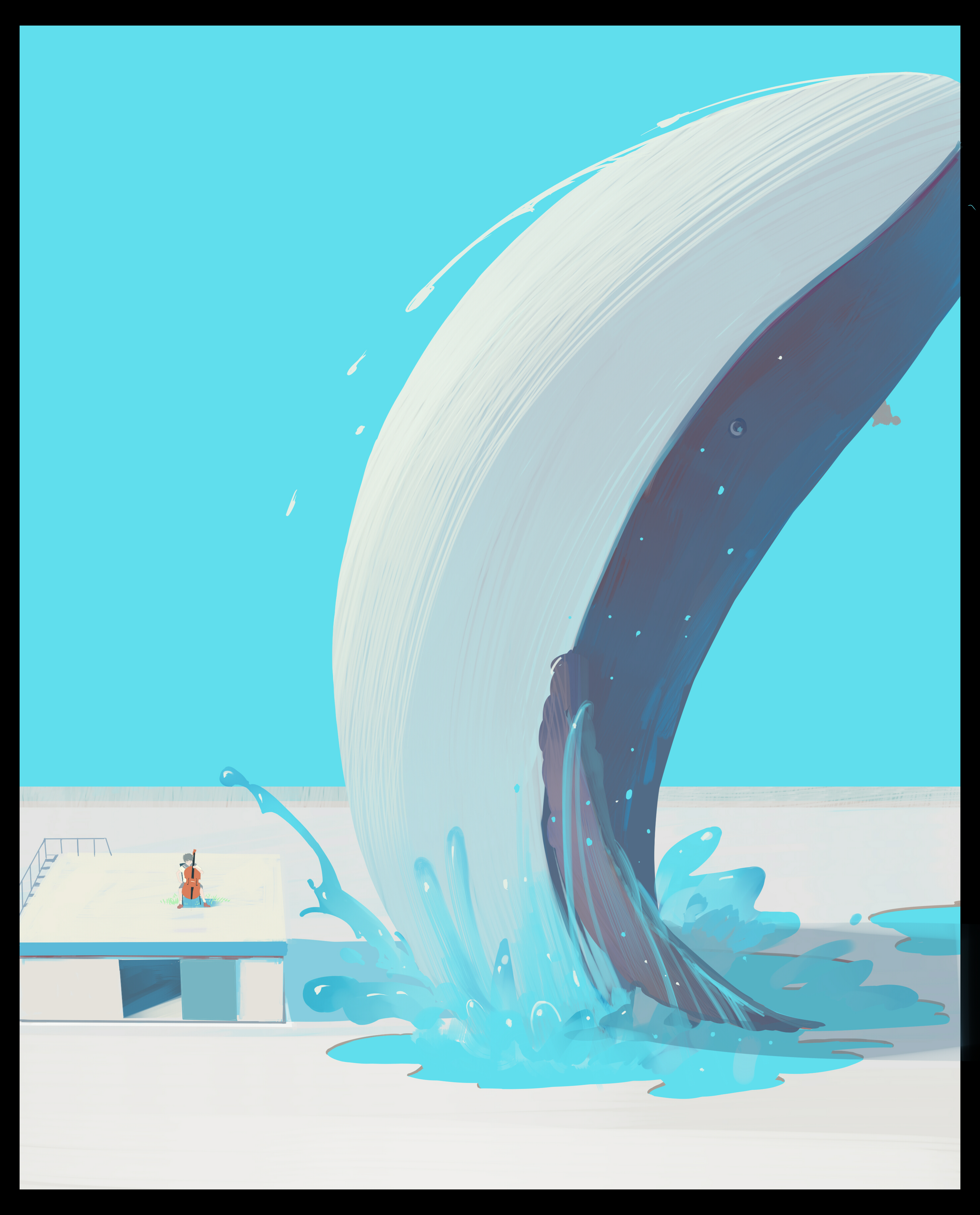bangqiao yan, original, absurdres, highres, 1girl, 1other, animal, blue sky, cello, clear sky, day, instrument, mini person, minigirl, music, on rooftop, outdoors, playing instrument, puddle, riding, riding animal, sky, splashing, whale