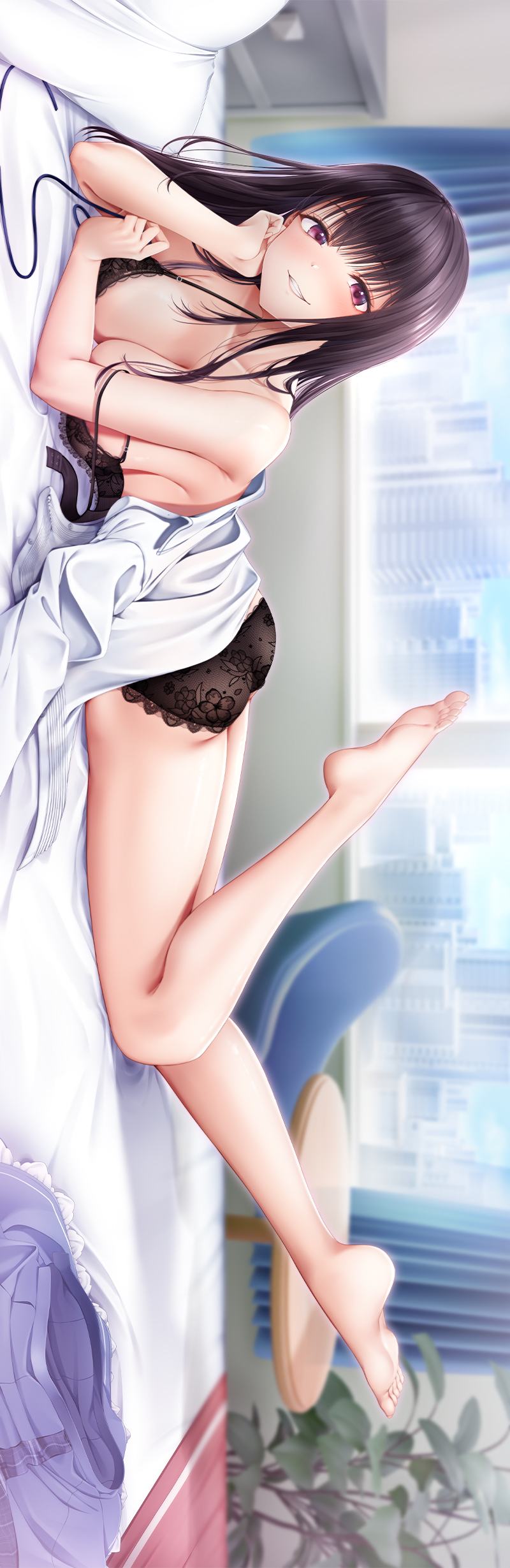 seifuku kanojo, absurdres, artist request, highres, official art, 1girl, black bra, black hair, black panties, bra, breasts, dakimakura (medium), foot up, full body, grin, hand on own cheek, hand on own face, large breasts, long hair, looking at viewer, lying, momojiri serika, on bed, on stomach, panties, pink eyes, shirt, skirt, smile, solo, underwear, unworn skirt, white shirt