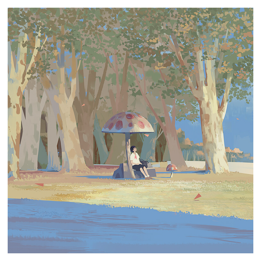 bangqiao yan, original, 1girl, backpack, bag, beach, black hair, black skirt, blue sky, border, bow, chest bow, clear sky, forest, lake, mushroom, nature, outdoors, paper airplane, red bow, scenery, shirt, short hair, sitting, skirt, sky, solo, tree, umbrella, white border, white shirt