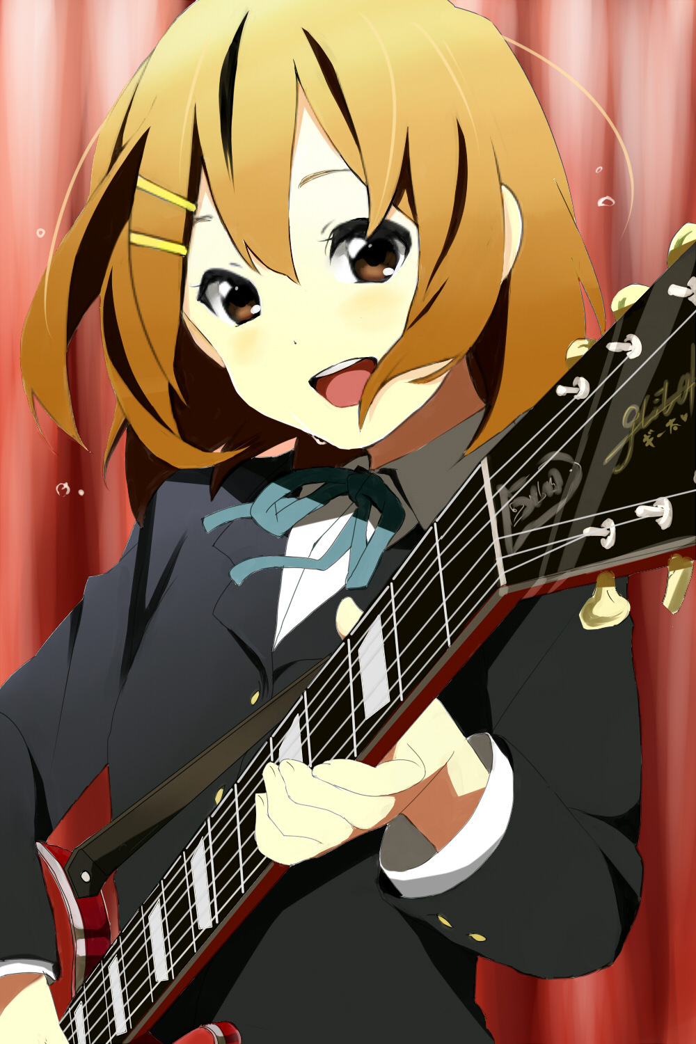 kurohachimitsu, hirasawa yui, k-on!, bad id, bad pixiv id, highres, 00s, 1girl, brown eyes, brown hair, female focus, gibson les paul, guitar, instrument, school uniform, solo, sweat