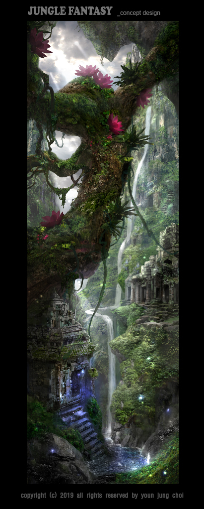 ain choiwet, original, concept art, abandoned, black background, building, english text, flower, jungle, moss, nature, no humans, plant, rainforest, red flower, scenery, vines, water, waterfall