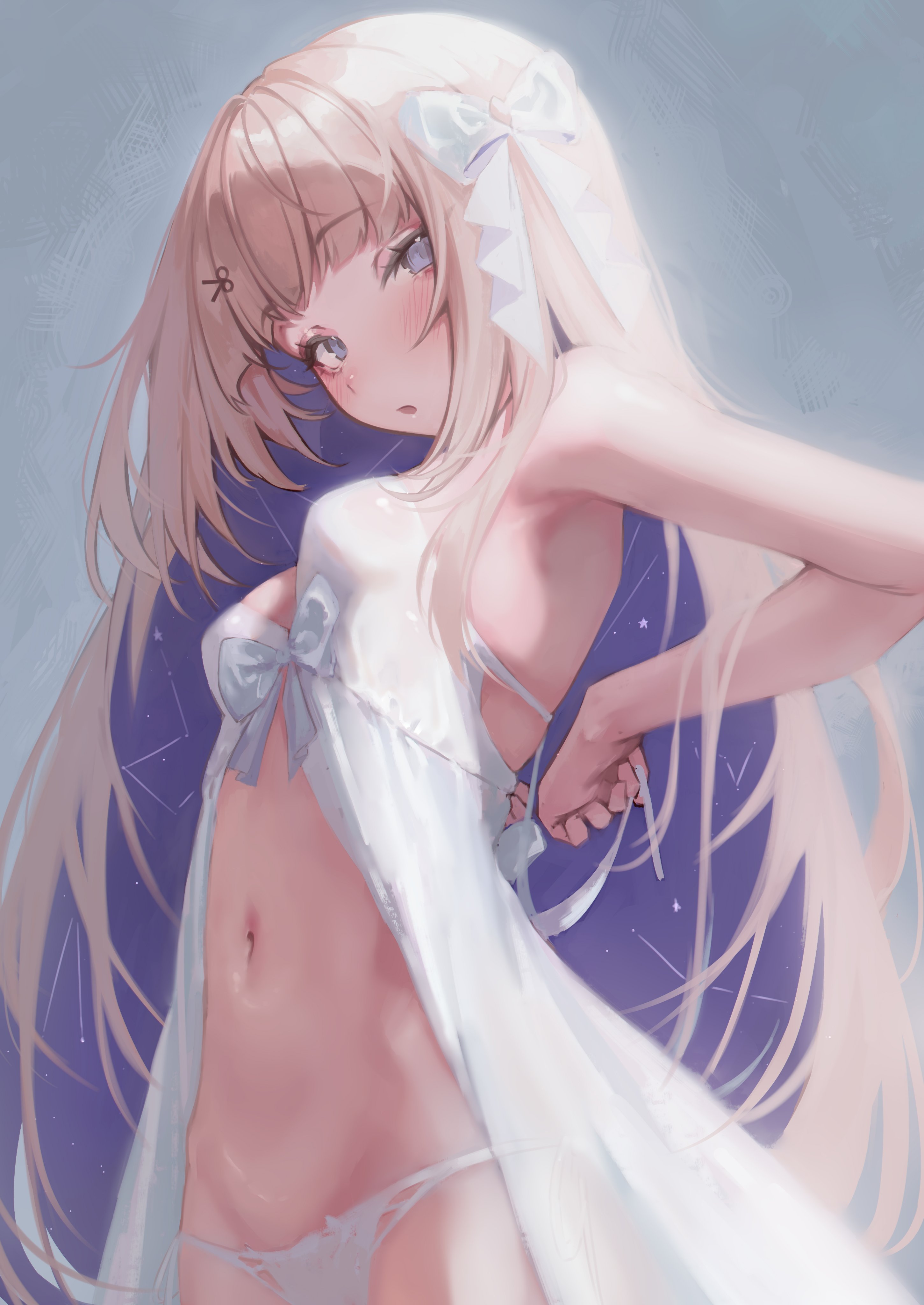 naokomama, amanogawa shiina, phase connect, absurdres, highres, 1girl, babydoll, bare shoulders, blonde hair, blush, bow, breasts, brown hair, colored inner hair, hair ornament, hairclip, heart in eyelashes, long hair, looking at viewer, multicolored hair, navel, open mouth, panties, purple eyes, purple hair, scissors hair ornament, solo, stomach, thighs, two-tone hair, underwear, virtual youtuber, white babydoll, white bow, white panties