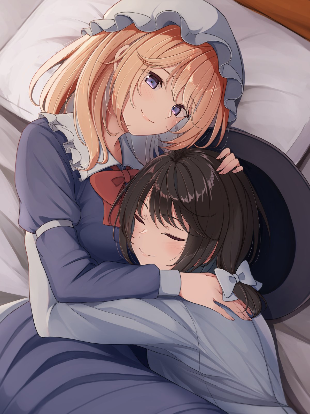 fumei (mugendai), maribel hearn, usami renko, touhou, commentary request, highres, 2girls, bed, black hat, blonde hair, blush, bow, bowtie, brown hair, closed eyes, collar, collared dress, cowboy shot, dress, frilled collar, frills, from side, hair bow, hand in another's hair, hand on another's back, hand on another's head, hat, head on pillow, hug, long sleeves, lying, medium hair, mob cap, multiple girls, on back, on bed, pillow, purple dress, purple eyes, red bow, red bowtie, shirt, sleeve cuffs, smile, unworn hat, unworn headwear, upper body, white hat, white shirt, yuri