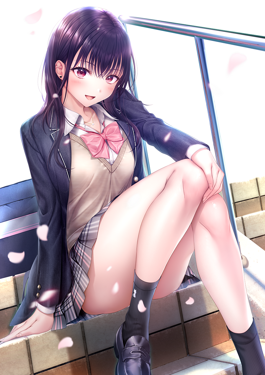 momojiri serika, seifuku kanojo, artist request, highres, official art, 1girl, black hair, black jacket, black shoes, black socks, blazer, bow, bowtie, breasts, collared shirt, convenient leg, earrings, falling petals, grey skirt, hand on own knee, jacket, jewelry, loafers, long hair, long sleeves, looking at viewer, medium breasts, open clothes, open jacket, open mouth, petals, pink bow, pink bowtie, pink eyes, pink petals, plaid clothes, plaid skirt, pleated skirt, school uniform, shirt, shoes, sitting, sitting on stairs, skirt, smile, socks, solo, stairs, white shirt