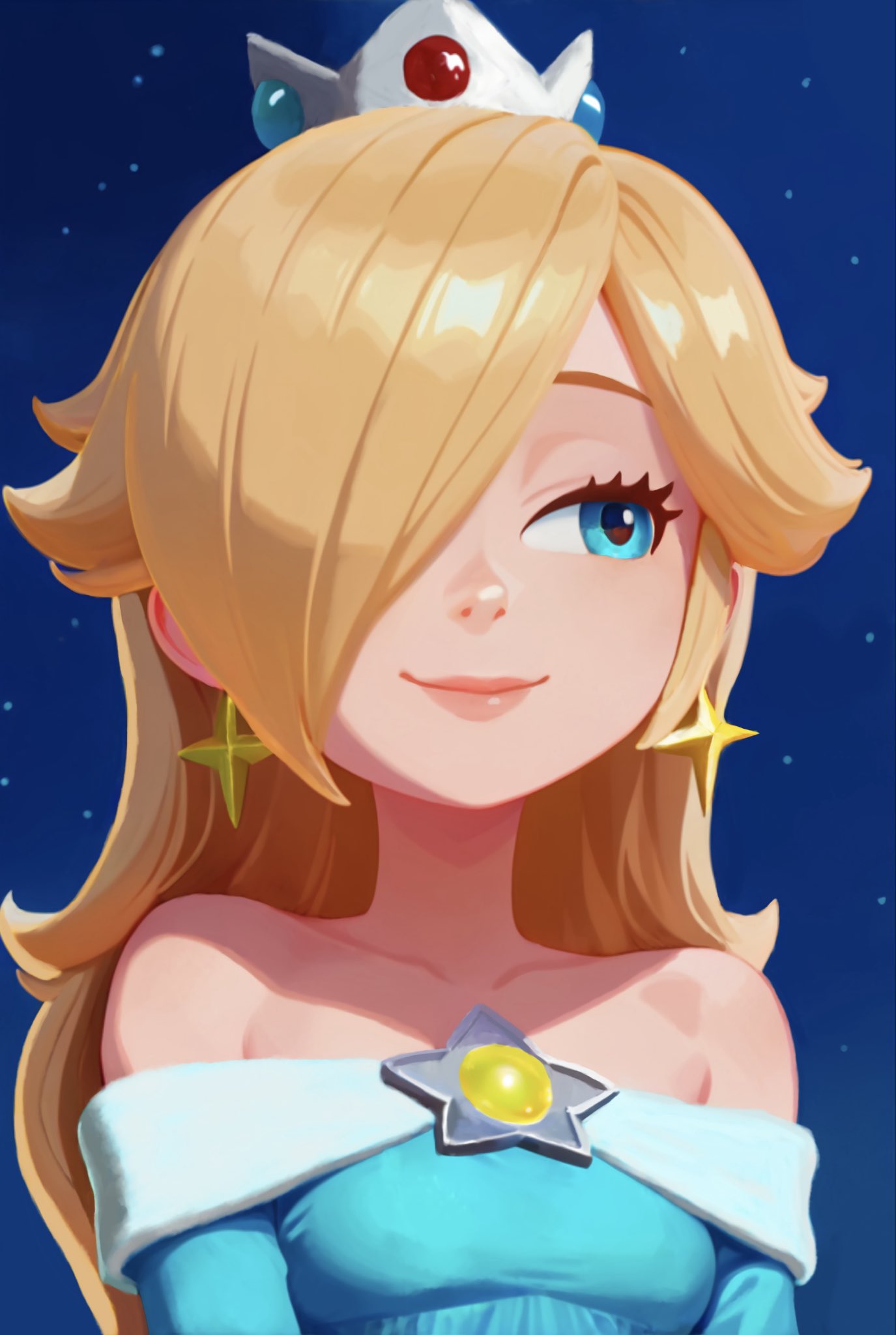 rosalina, mario (series), nintendo, super mario galaxy, the super mario bros. movie, commentary, english commentary, highres, 1girl, bare shoulders, blonde hair, blue eyes, crown, deli mage, dress, earrings, hair over one eye, jewelry, long hair, night, night sky, sky, smile, star (sky), star (symbol), star earrings, starry sky, upper body
