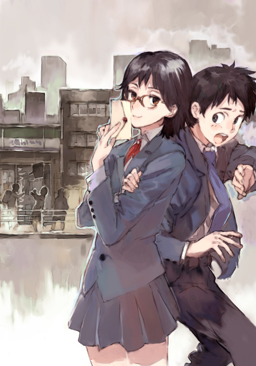 toi8, niwaka koukousei tanteidan no jikenbo series, 1boy, 1girl, black hair, blazer, building, glasses, letter, necktie, school uniform, short hair