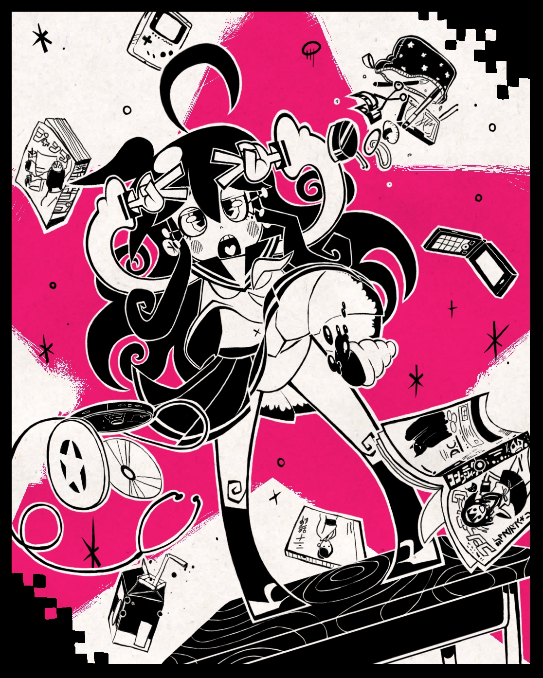 gashi-gashi, izumi konata, lucky star, highres, 00s, 1girl, female focus, long hair, mole, mole under eye, monochrome, school uniform, serafuku, solo