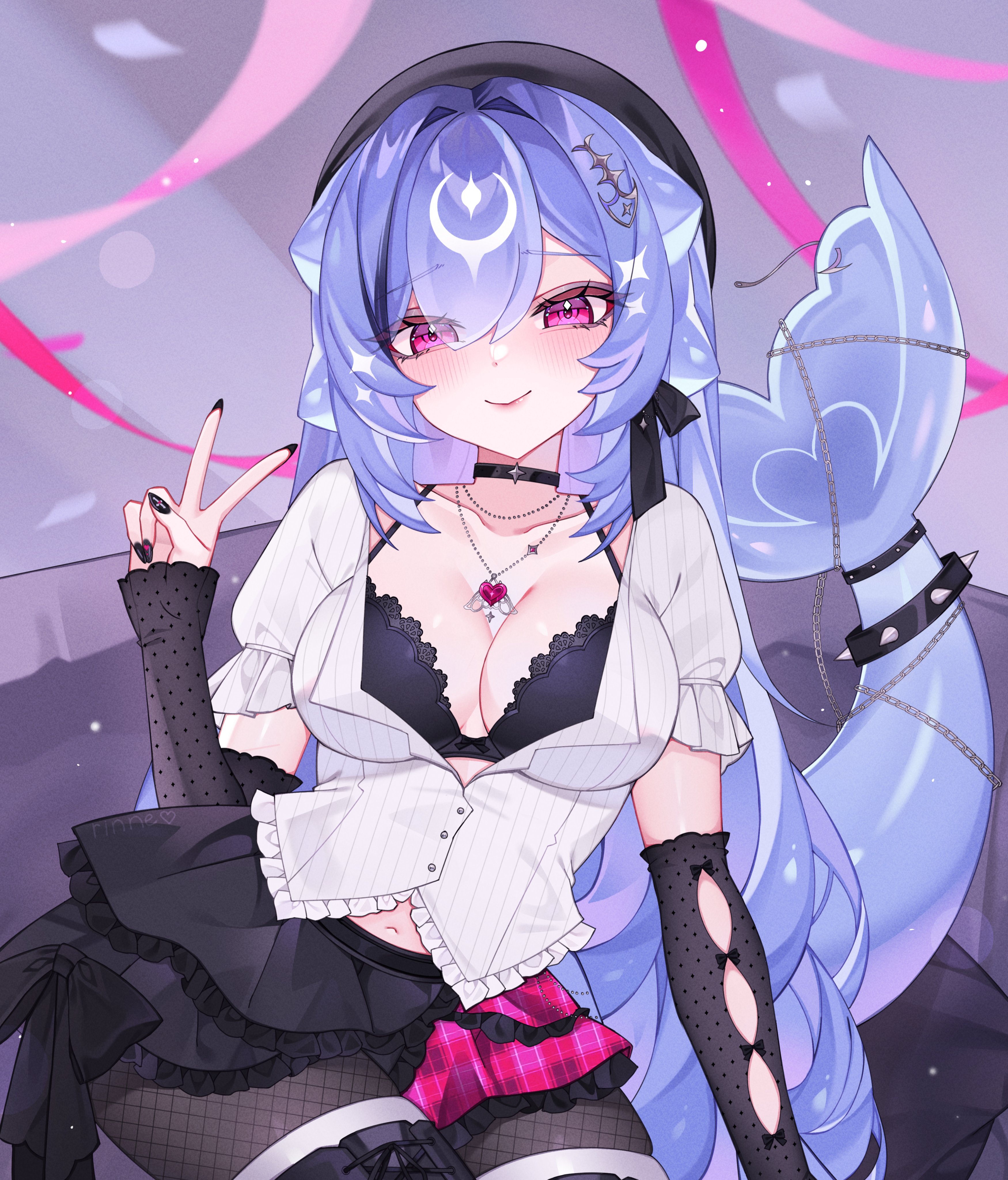 bao the whale, bao the whale (rock star), indie virtual youtuber, absurdres, highres, 1girl, beret, black bra, black choker, black hat, black nails, black pantyhose, black ribbon, black skirt, black sleeves, bra, breasts, choker, closed mouth, detached sleeves, fish hair ornament, fishnet pantyhose, fishnets, hair ornament, hair ribbon, hat, heart, heart necklace, jewelry, long hair, navel, necklace, pantyhose, pink hair, purple hair, ribbon, rinne (rinne oi), shirt, skirt, smile, solo, underwear, v, virtual youtuber, white shirt