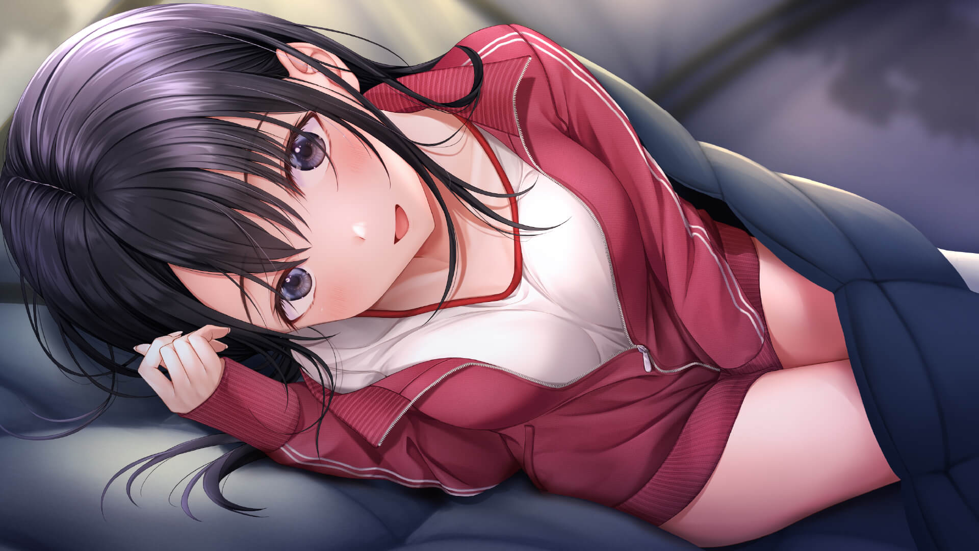 konomi yui, seifuku kanojo, artist request, highres, official art, 1girl, between legs, black eyes, black hair, gym shirt, hand between legs, jacket, long hair, looking at viewer, lying, on side, open mouth, partially unzipped, red jacket, red trim, shirt, smile, solo, track jacket, under covers, white shirt