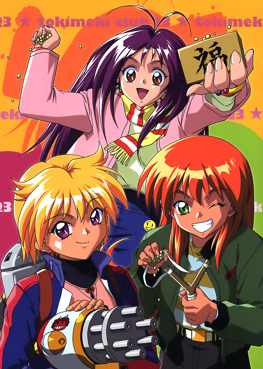 kokura masashi, akai homura, ijuuin mei, kotobuki miyuki, tokimeki memorial, tokimeki memorial 2, highres, official art, scan, 1990s (style), 3girls, antenna hair, blonde hair, brown eyes, green eyes, grin, long hair, mamemaki, multiple girls, one eye closed, orange hair, purple eyes, purple hair, retro artstyle, setsubun, short hair, slingshot (weapon), smile, wink
