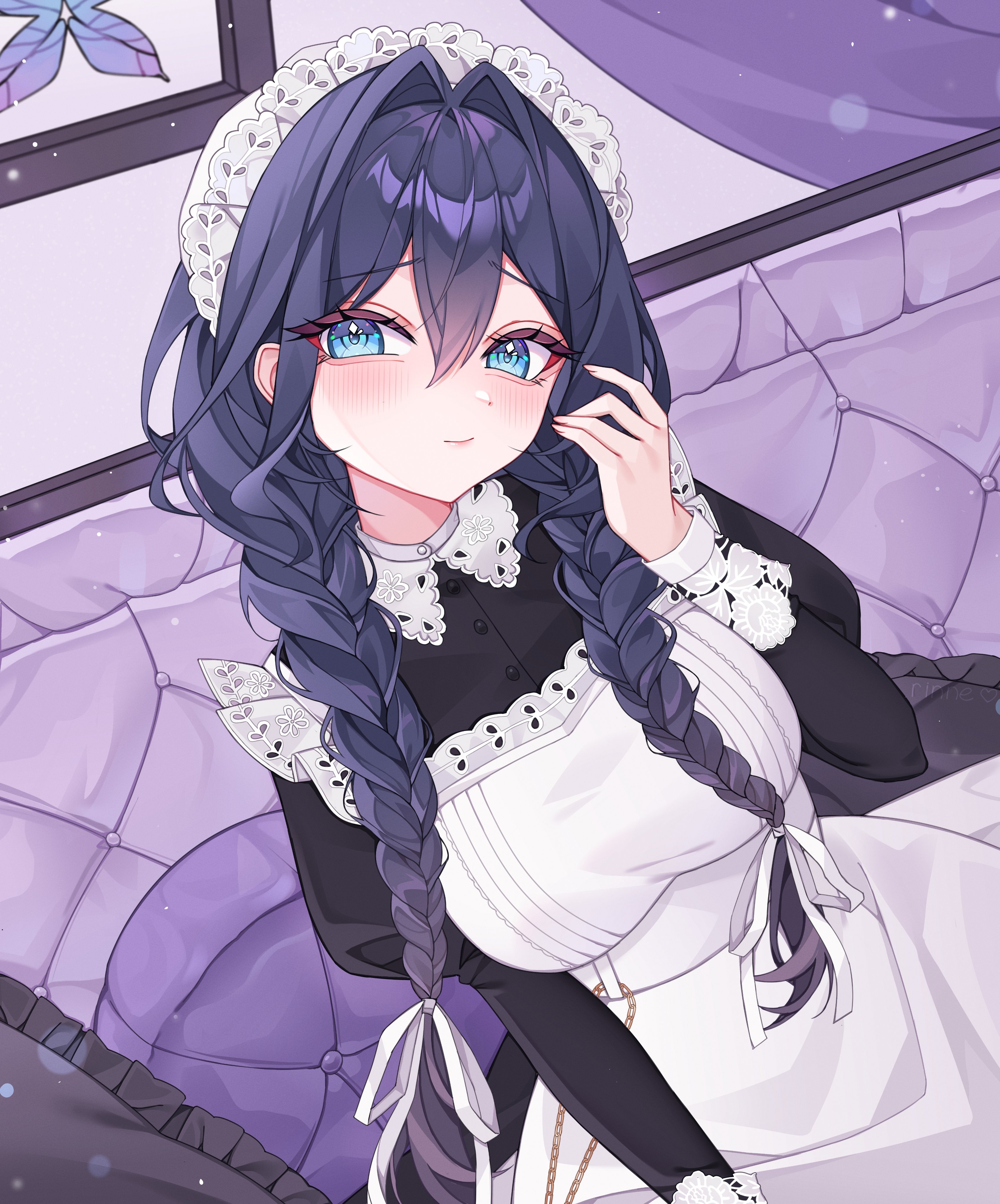 ouro kronii, ouro kronii (maid), hololive, hololive english, absurdres, highres, 1girl, apron, black dress, black hair, blue eyes, braid, breasts, buttons, closed mouth, dress, hair between eyes, hair ribbon, hat, long hair, maid, mob cap, official alternate costume, ribbon, rinne (rinne oi), solo, twin braids, virtual youtuber, white apron, white hat, white ribbon