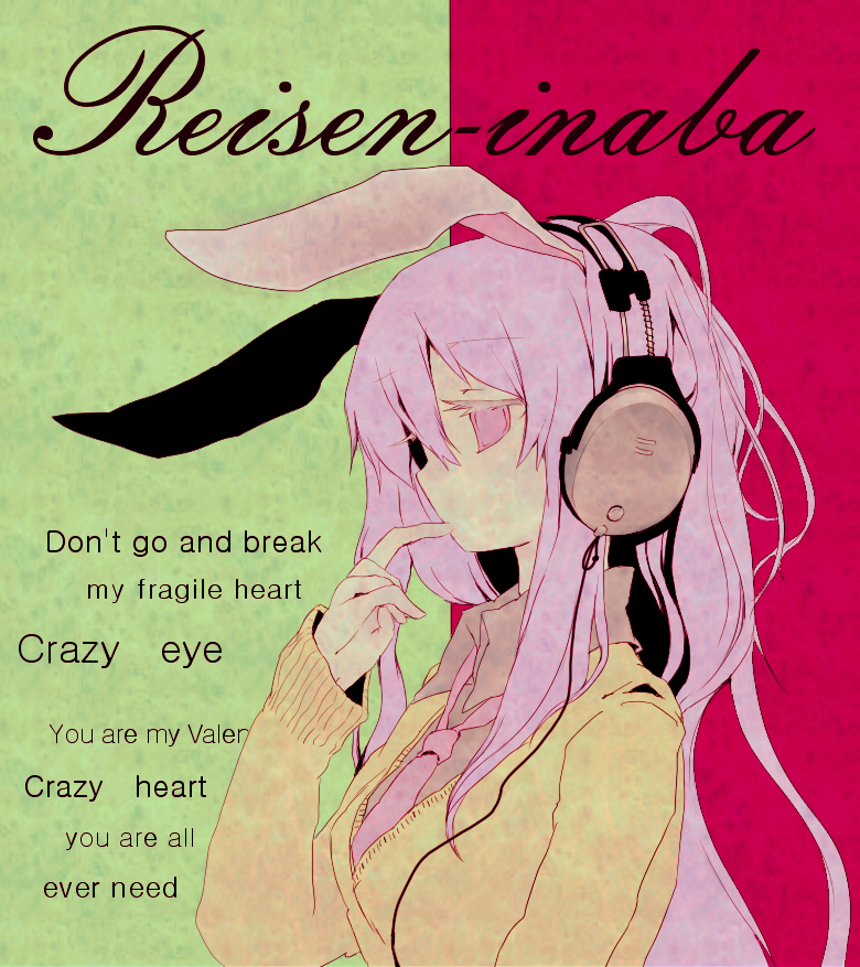 azuma seiji, navio, reisen udongein inaba, touhou, bad id, bad pixiv id, derivative work, vector trace, 1girl, alphes (style), animal ears, english text, engrish text, female focus, headphones, long hair, necktie, parody, profile, purple eyes, purple hair, rabbit ears, ranguage, solo, style parody, sweater
