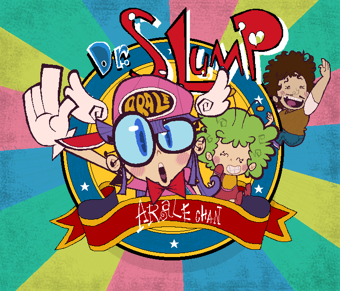 gashi-gashi, norimaki arale, norimaki gajira, norimaki senbei, dr. slump, 1boy, 2girls, clothes writing, glasses, multiple girls, purple eyes, purple hair