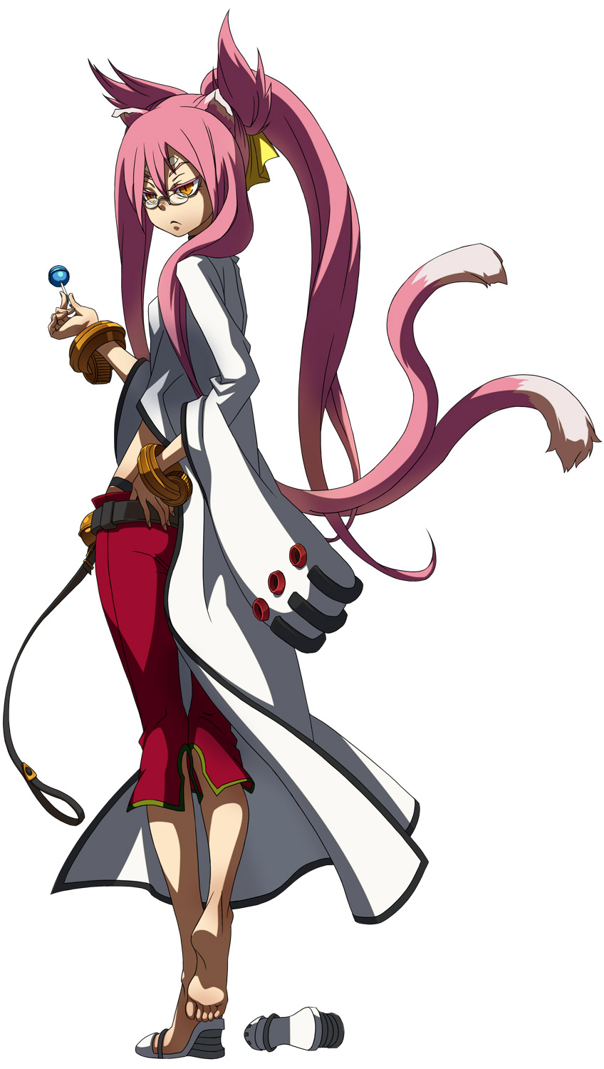 mori toshimichi, kokonoe (blazblue), arc system works, blazblue, highres, official art, 1girl, :<, animal ears, ass, barefoot, bell, belt, black panties, bracelet, candy, capri pants, cat ears, cat tail, coat, facial mark, feet, female focus, flat chest, food, forehead mark, from behind, full body, glasses, hand on own hip, jewelry, jingle bell, lab coat, lollipop, looking back, lowleg, midriff, multiple tails, orange eyes, panties, pants, pince-nez, pink hair, red pants, sandals, scientist, shoes, short twintails, simple background, single shoe, soles, solo, standing, tail, thigh gap, thong, toes, trench coat, twintails, underwear