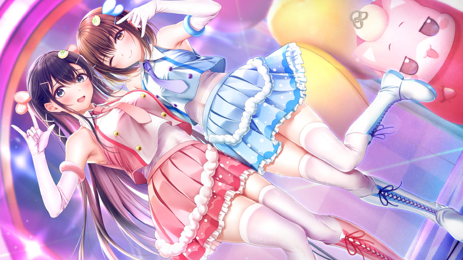 tamayori himari, seifuku kanojo, seifuku kanojo 2, artist request, highres, official art, 2girls, ;), m/, black hair, blue boots, blue eyes, blue shirt, blue skirt, blush, boots, breasts, brown eyes, brown hair, buttons, covered navel, double-breasted, dutch angle, elbow gloves, gloves, hair ornament, idol clothes, knee boots, lace-up boots, long hair, medium breasts, multiple girls, nitabaru yumeha, one eye closed, open mouth, pink boots, pink shirt, pink skirt, pleated skirt, shirt, short hair, skirt, sleeveless, sleeveless shirt, smile, standing, standing on one leg, undershirt, white gloves, white shirt