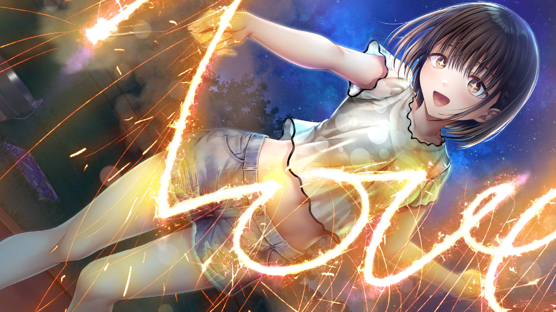 tamayori himari, seifuku kanojo, seifuku kanojo 2, artist request, highres, official art, 1girl, bra visible through clothes, brown eyes, brown hair, crop top, denim, denim shorts, dutch angle, feet out of frame, fireworks, holding, holding fireworks, looking at viewer, midriff, navel, night, night sky, shirt, short hair, short shorts, short sleeves, shorts, sky, solo, sparkler, sparkling eyes, white shirt