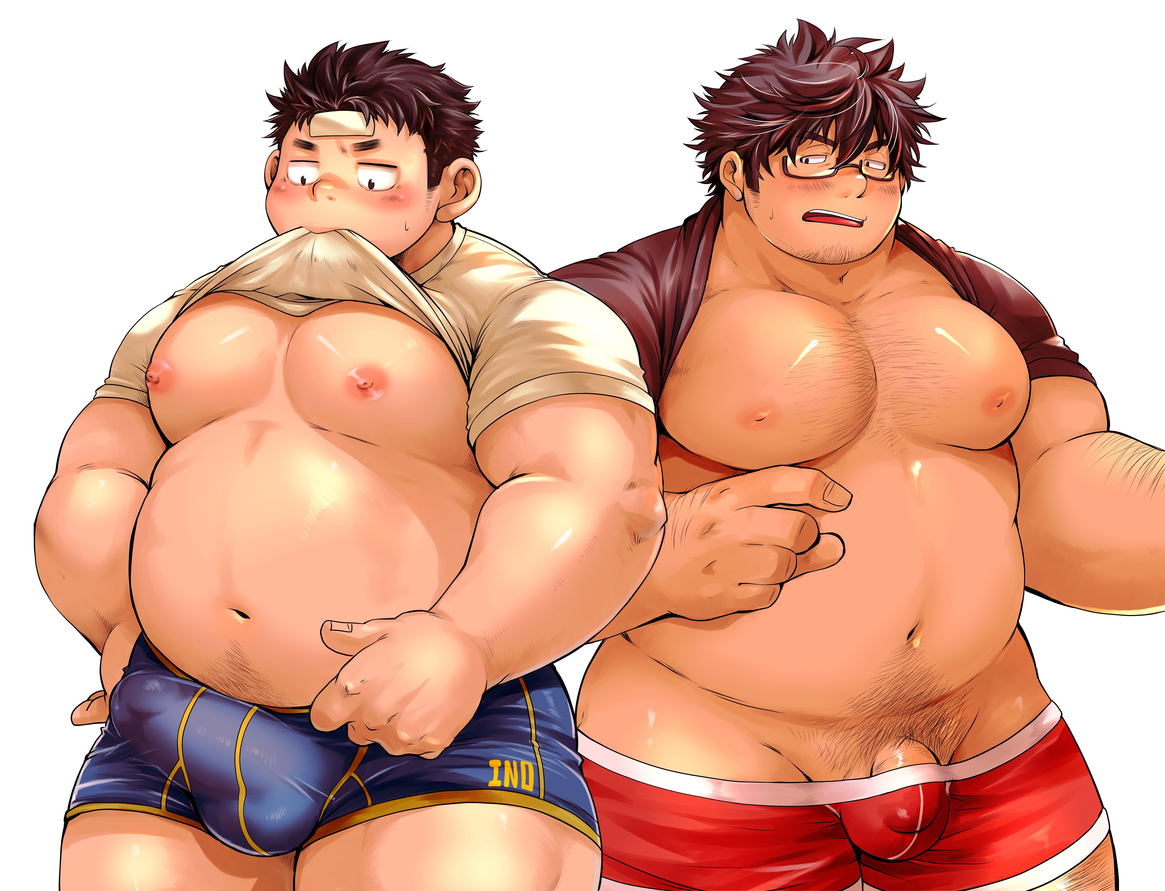 ellie saionji, tamacolle, absurdres, commentary request, highres, 2boys, bara, belly, blue male underwear, blush, boxers, brown hair, bulge, clothes in mouth, clothes lift, cold pack, fat, glasses, inomori shigenari (tamacolle), looking at another, male focus, male underwear, mouth hold, multiple boys, navel, nipples, open mouth, penis, penis peek, pubic hair, red male underwear, shirt in mouth, shirt lift, soma ren (tamacolle), sparse arm hair, sparse chest hair, sweat, underwear, white background