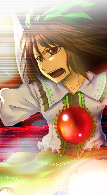 qoom, reiuji utsuho, touhou, 1girl, brown hair, female focus, hair ribbon, red eyes, ribbon, skirt, solo