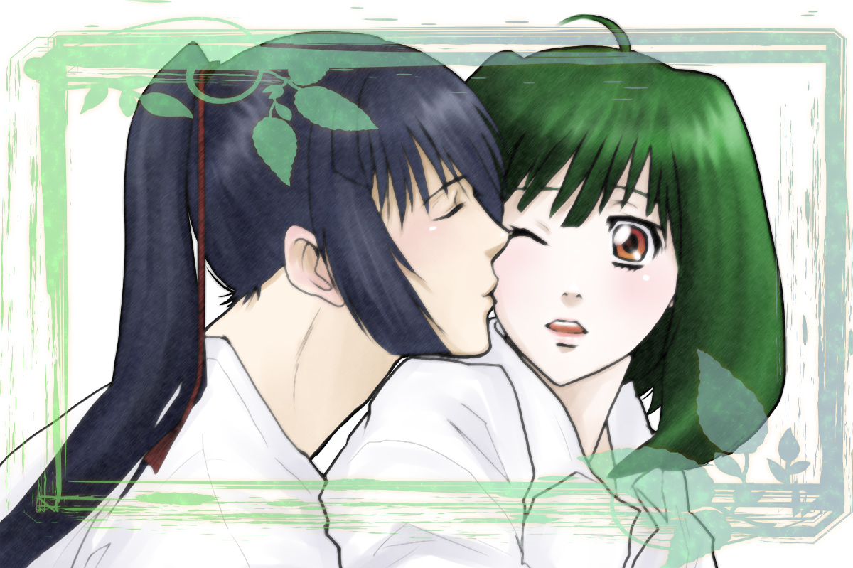 fukunoya, ranka lee, saotome alto, macross, macross frontier, bad id, bad pixiv id, 00s, 1boy, 1girl, ahoge, blue hair, blush, brown eyes, close-up, closed eyes, couple, green hair, hair ornament, hetero, kiss, kissing cheek, long hair, one eye closed, open mouth, ponytail, surprised, wink