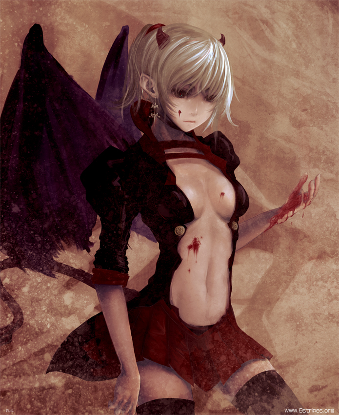 kushima rei, original, 1girl, blood, breasts, center opening, cleavage, demon girl, demon tail, earrings, female focus, horns, jewelry, navel, short hair, skirt, solo, tail, thighhighs, white hair, wings, zettai ryouiki