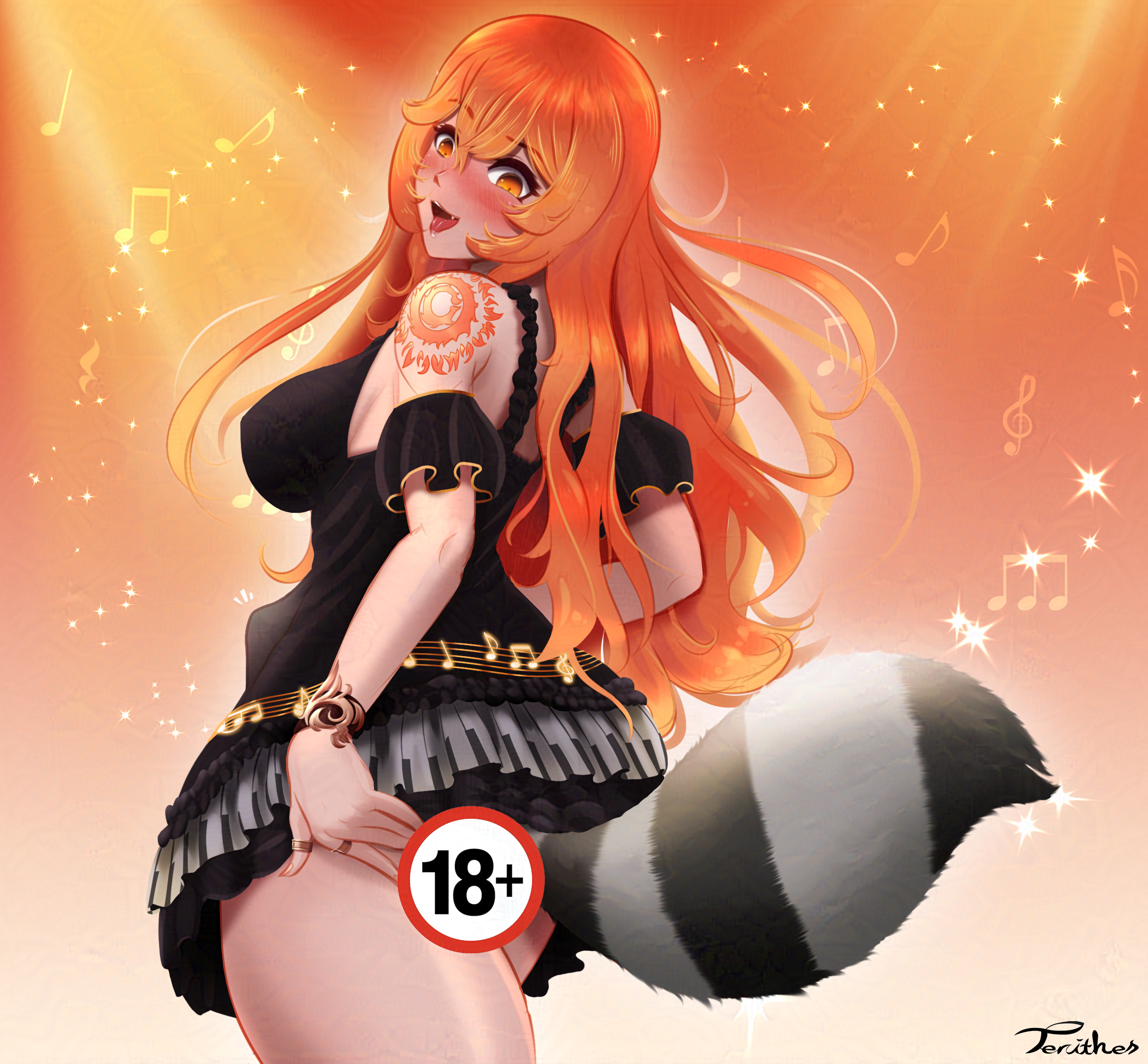 terithes, apollo mythos (vtuber), mythos (vtuber), commentary, english commentary, highres, variant set, 1girl, 2024, anal, anal beads, anal object insertion, anal tail, artist name, ass, bare shoulders, black dress, blush, breasts, butt plug, censored, cowboy shot, dark-skinned female, dark skin, dress, eyebrows hidden by hair, fake tail, grabbing own ass, gradient hair, jewelry, large breasts, long hair, looking at viewer, multicolored hair, multiple rings, musical note, naughty face, nipples, nose blush, object insertion, orange background, orange eyes, orange hair, piano print, raccoon tail, racoon tail, ring, saliva, sex toy, sideboob, simple background, solo, stomach bulge, sun symbol, sun tattoo, sundress, tail, tan, tattoo, thick thighs, thighs, tongue, tongue out, very long hair, virtual youtuber, wavy hair, wristband