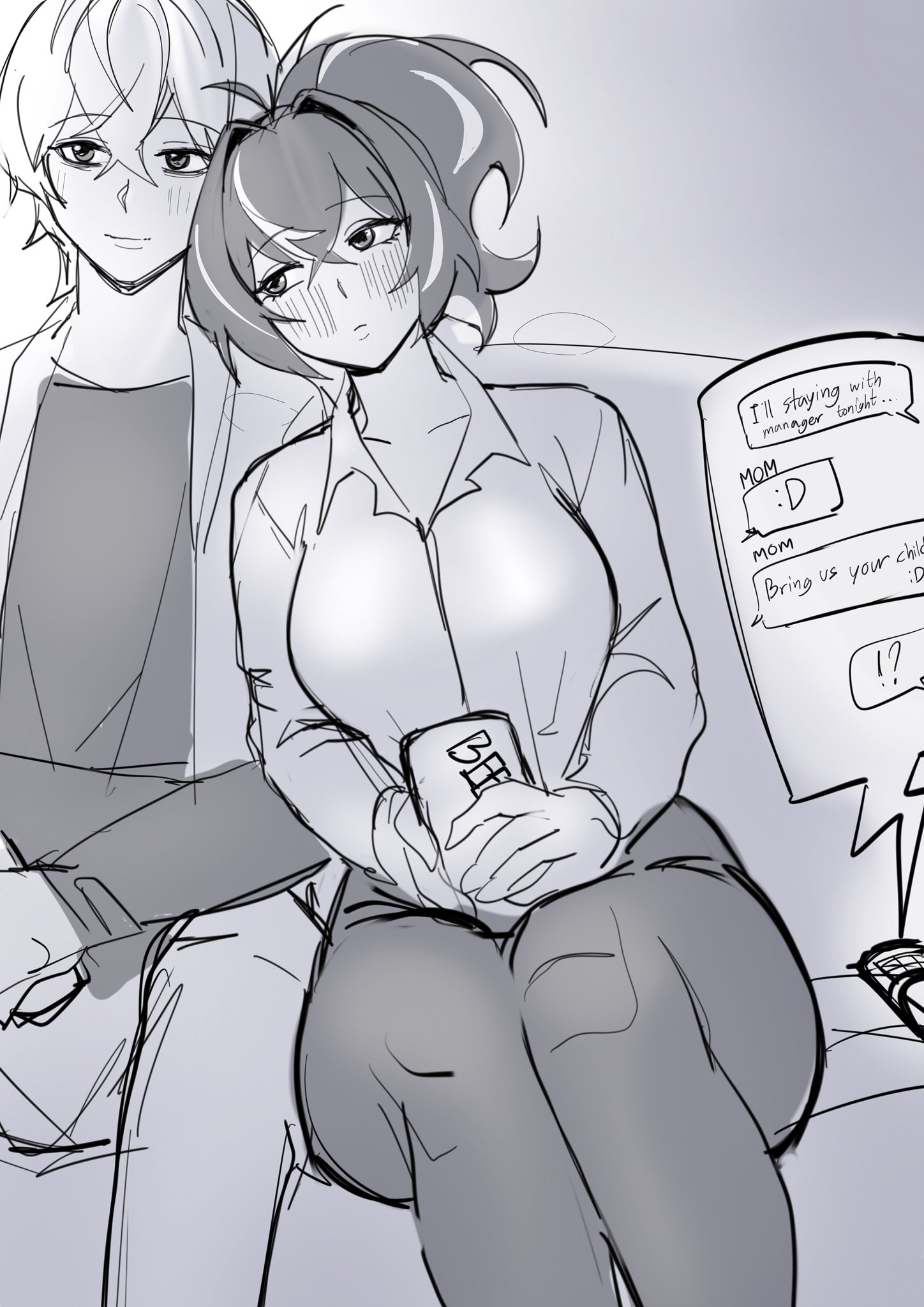 yuushiba, wise (zenless zone zero), zhu yuan, zenless zone zero, highres, 1boy, 1girl, beer can, black pants, black shirt, blush, breasts, can, cellphone, closed mouth, collarbone, couch, crossed bangs, drink can, grey pants, greyscale, hair between eyes, head on another's shoulder, hetero, holding, holding can, indoors, large breasts, looking at another, monochrome, on couch, pants, phone, ponytail, shirt, short hair, smile, text messaging, white shirt