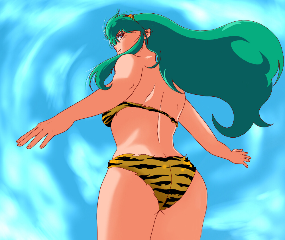 kanai makoto (kanaman7), shounandai, lum, urusei yatsura, bad id, bad pixiv id, 1girl, animal print, ass, back, bare shoulders, bikini, blue eyes, cone horns, fang, female focus, from behind, green hair, horns, long hair, looking back, pointy ears, small horns, solo, swimsuit, tiger print